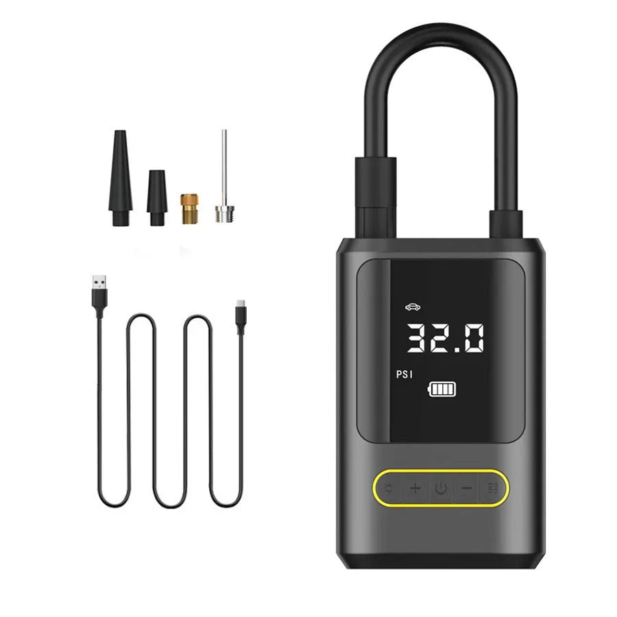 Handheld wireless digital tyre inflator with display screen, LED light, and air hose.