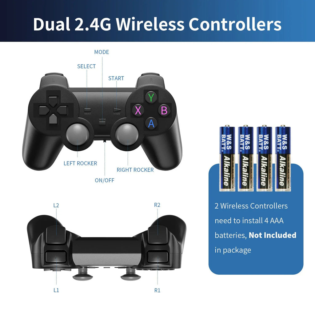 Compact black ABS wireless game console with handle, placed next to HDMI and charging cables on a surface.