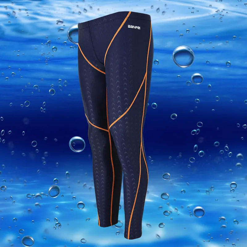 Men's black cropped nylon swimming trunks with mesh lining, shown on size chart