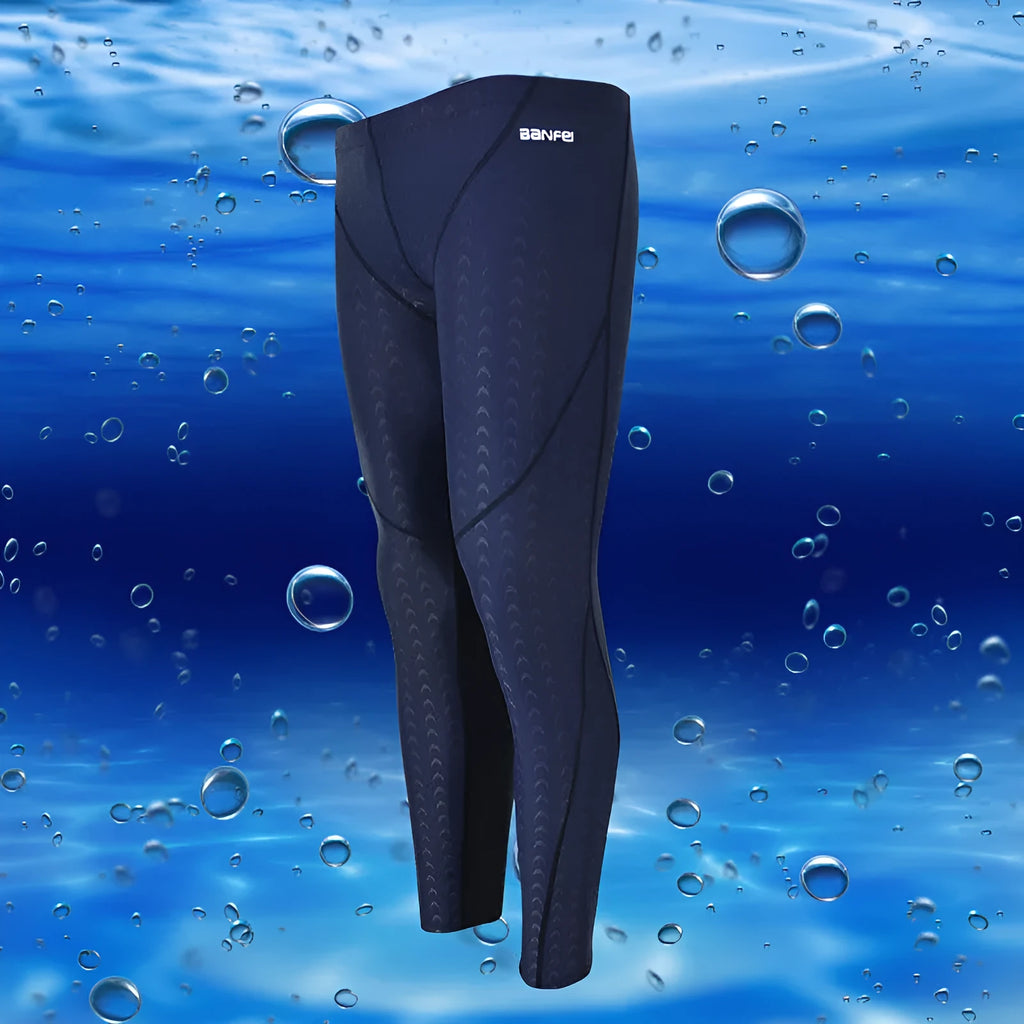 Men's black cropped nylon swimming trunks with mesh lining, shown on size chart