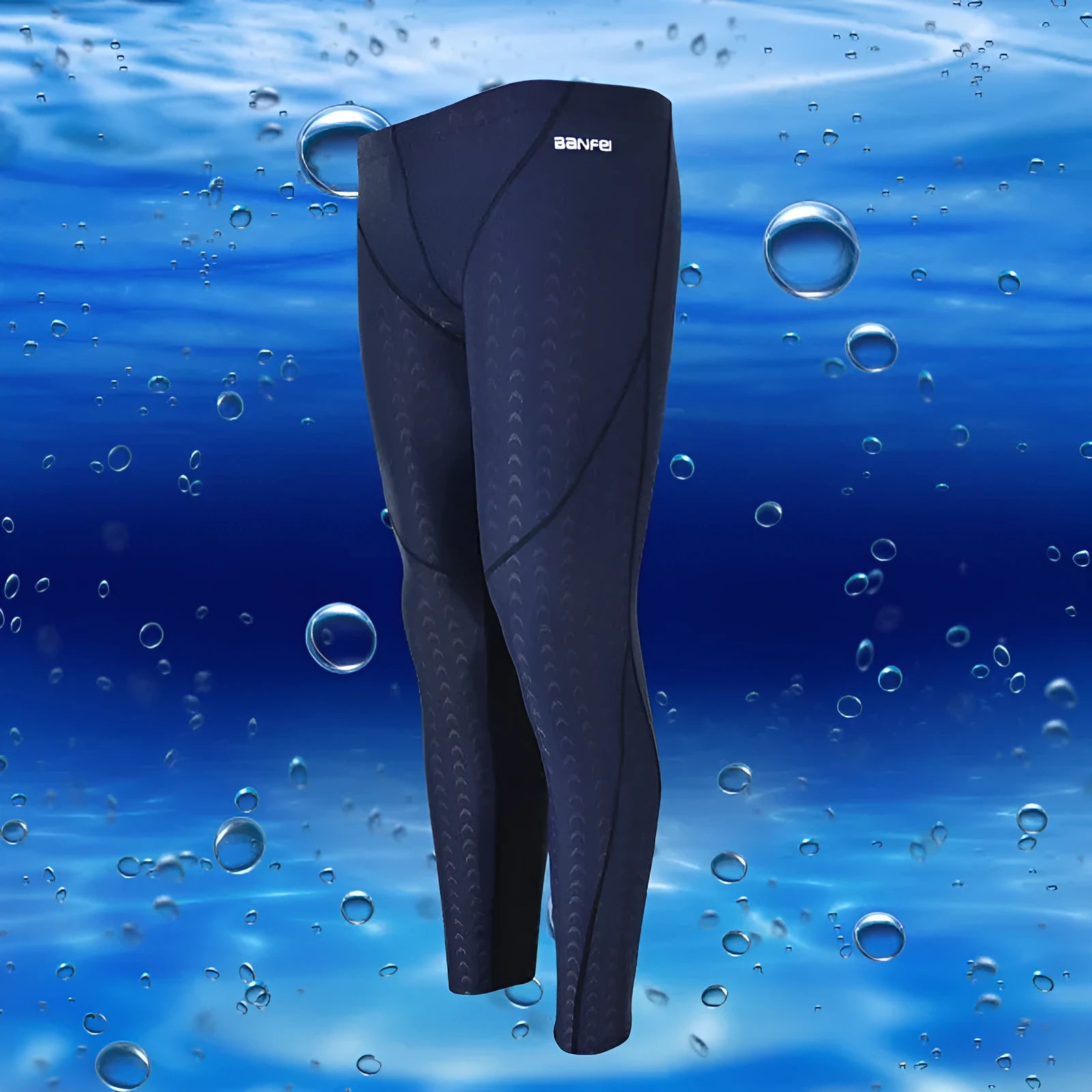 Men's black cropped nylon swimming trunks with mesh lining, shown on size chart