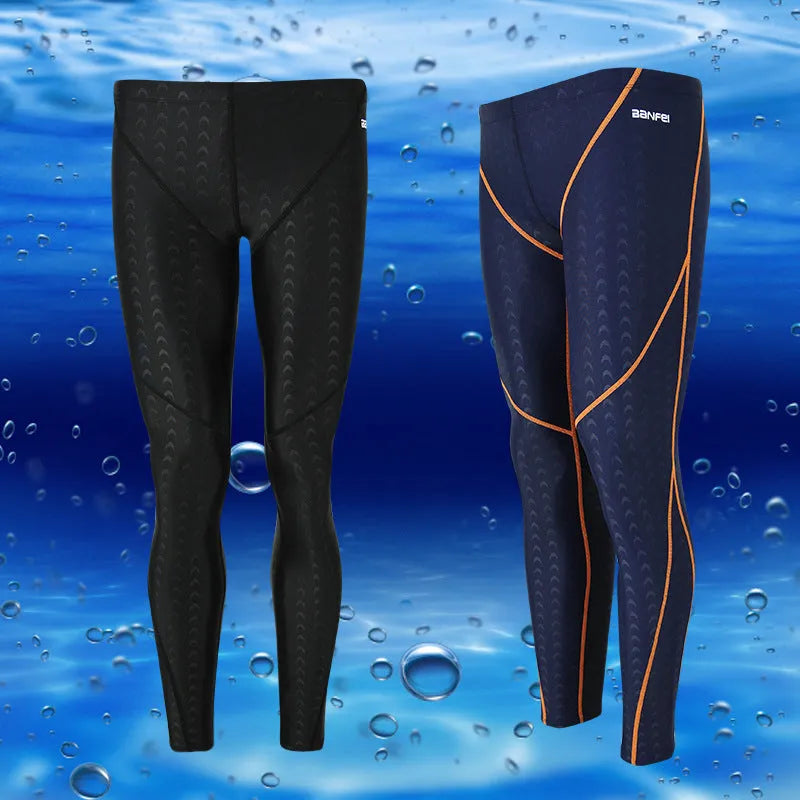 Men's black cropped nylon swimming trunks with mesh lining, shown on size chart