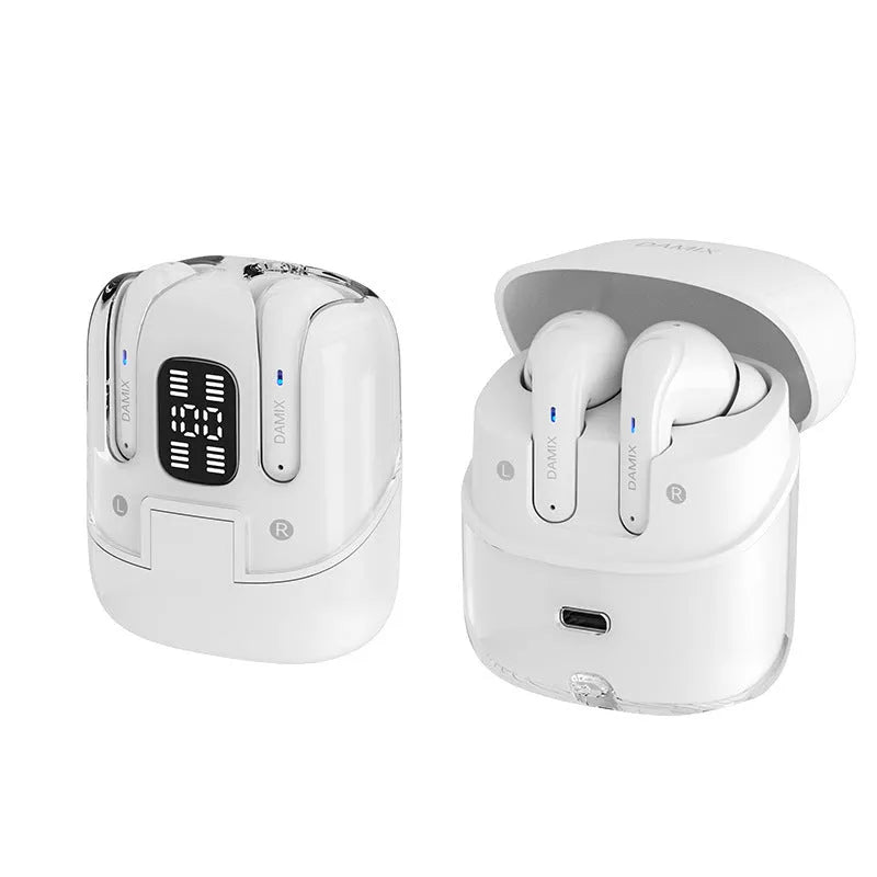 DX16 Couple Bluetooth Headset in black and white in-ear design with digital display screen