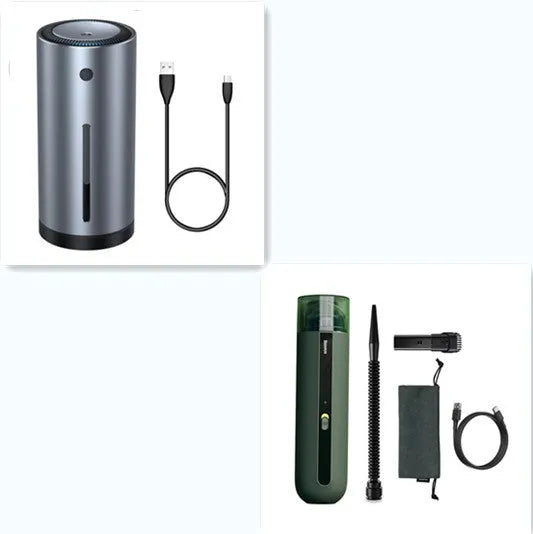 Black handheld wireless car vacuum cleaner with nozzle and blowing hose accessory