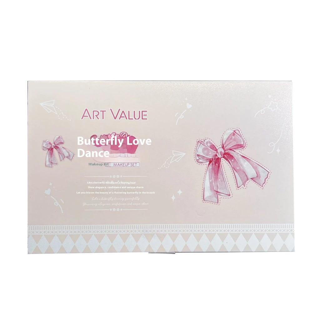 Butterfly Box makeup set showing four lip muds, powder blusher and matching necklace