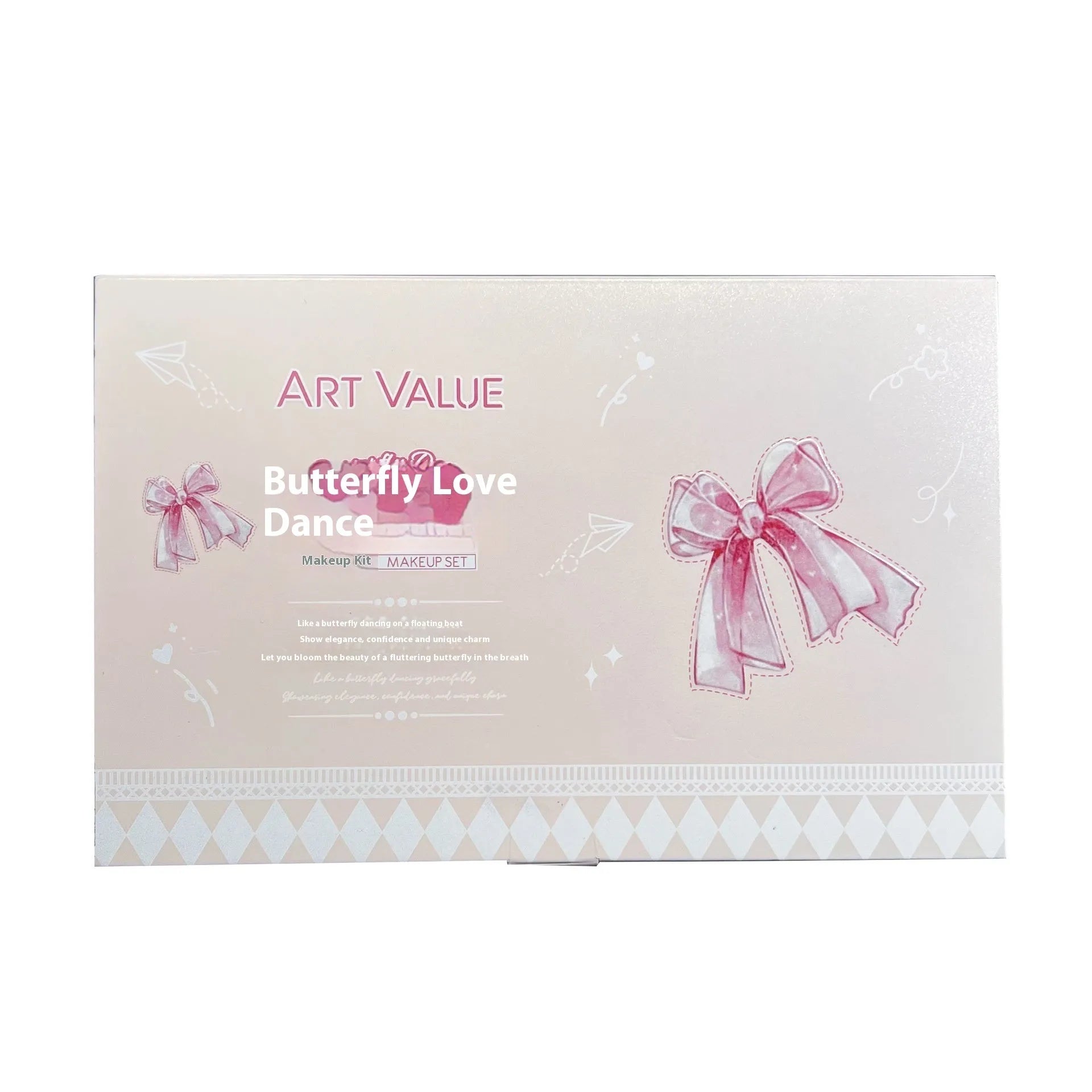 Butterfly Box makeup set showing four lip muds, powder blusher and matching necklace