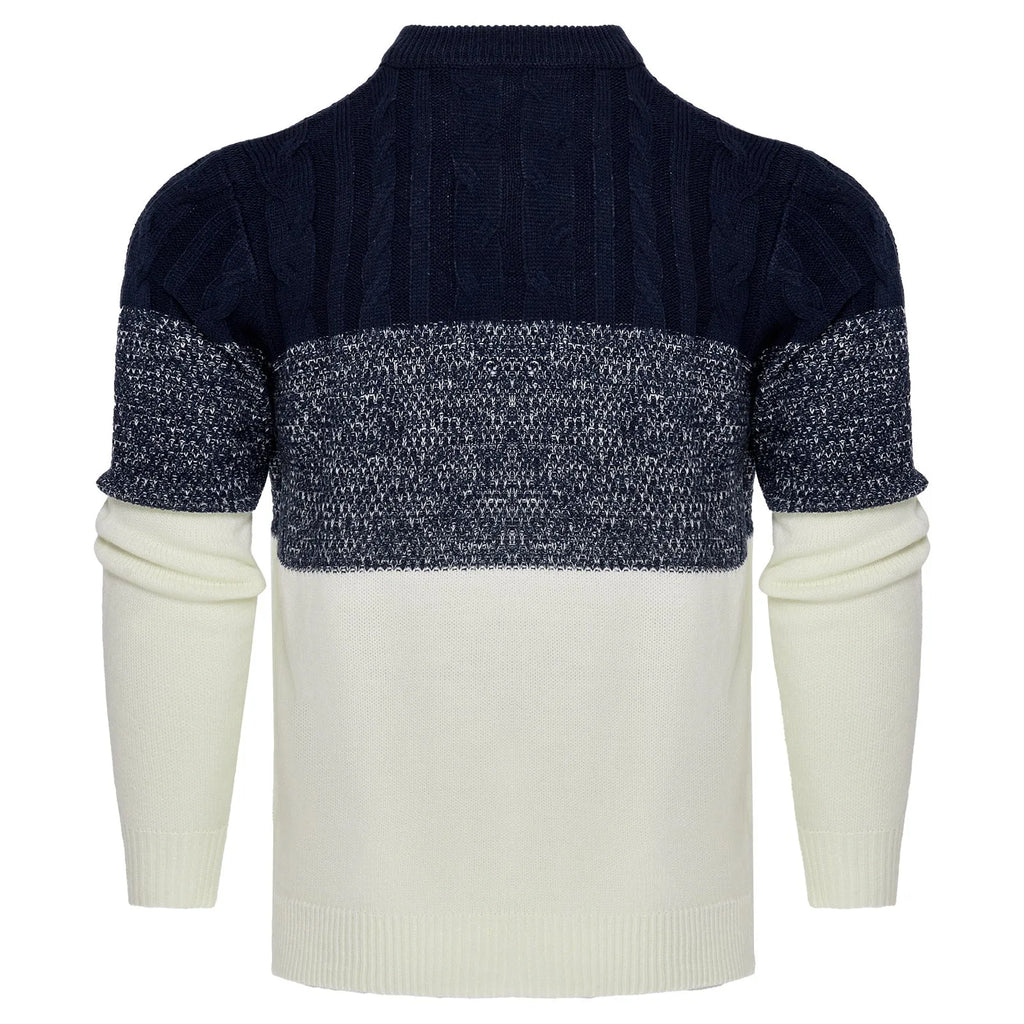Men's grey cable-knit long sleeve pullover sweater on a hanger