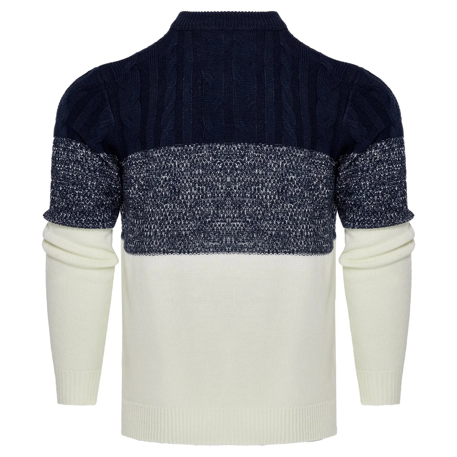 Men's grey cable-knit long sleeve pullover sweater on a hanger