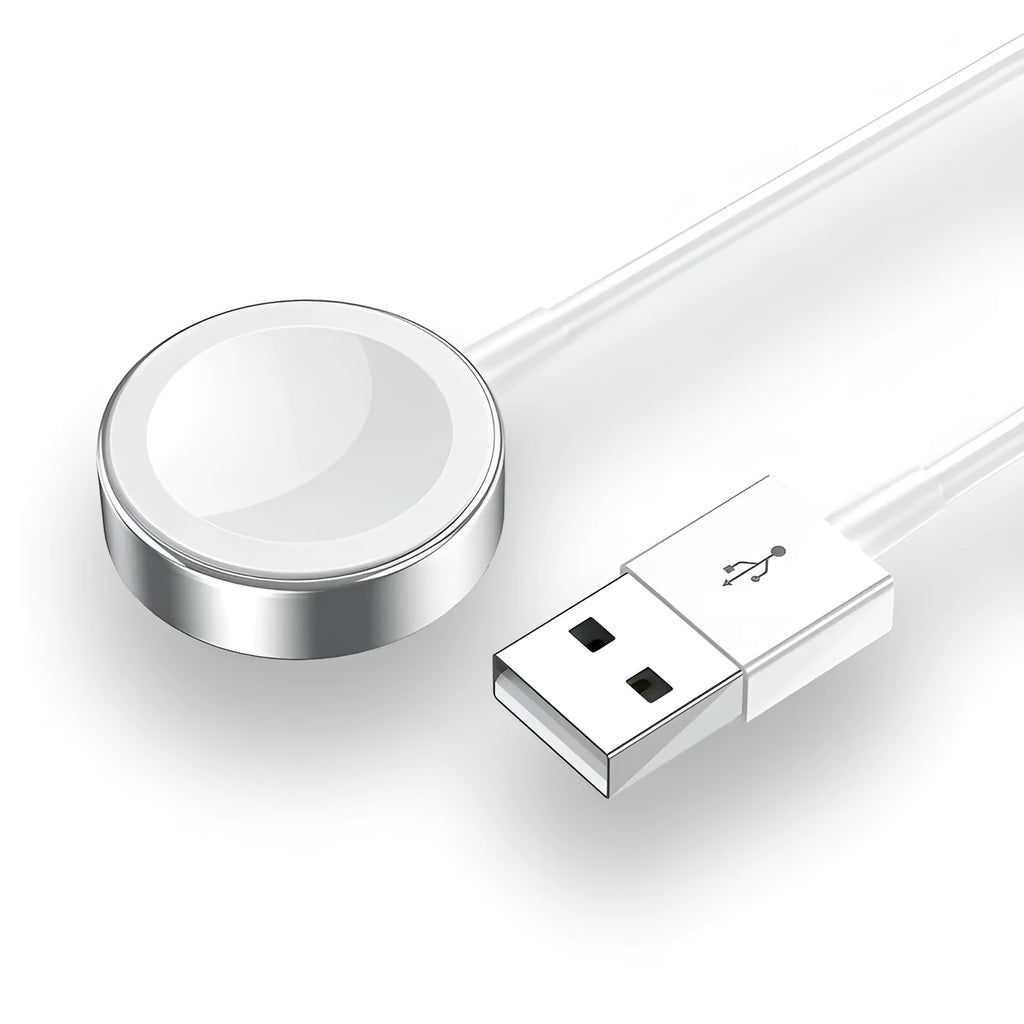White metal Apple Watch wireless charger with 1m USB cable on a table