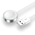 White metal Apple Watch wireless charger with 1m USB cable on a table