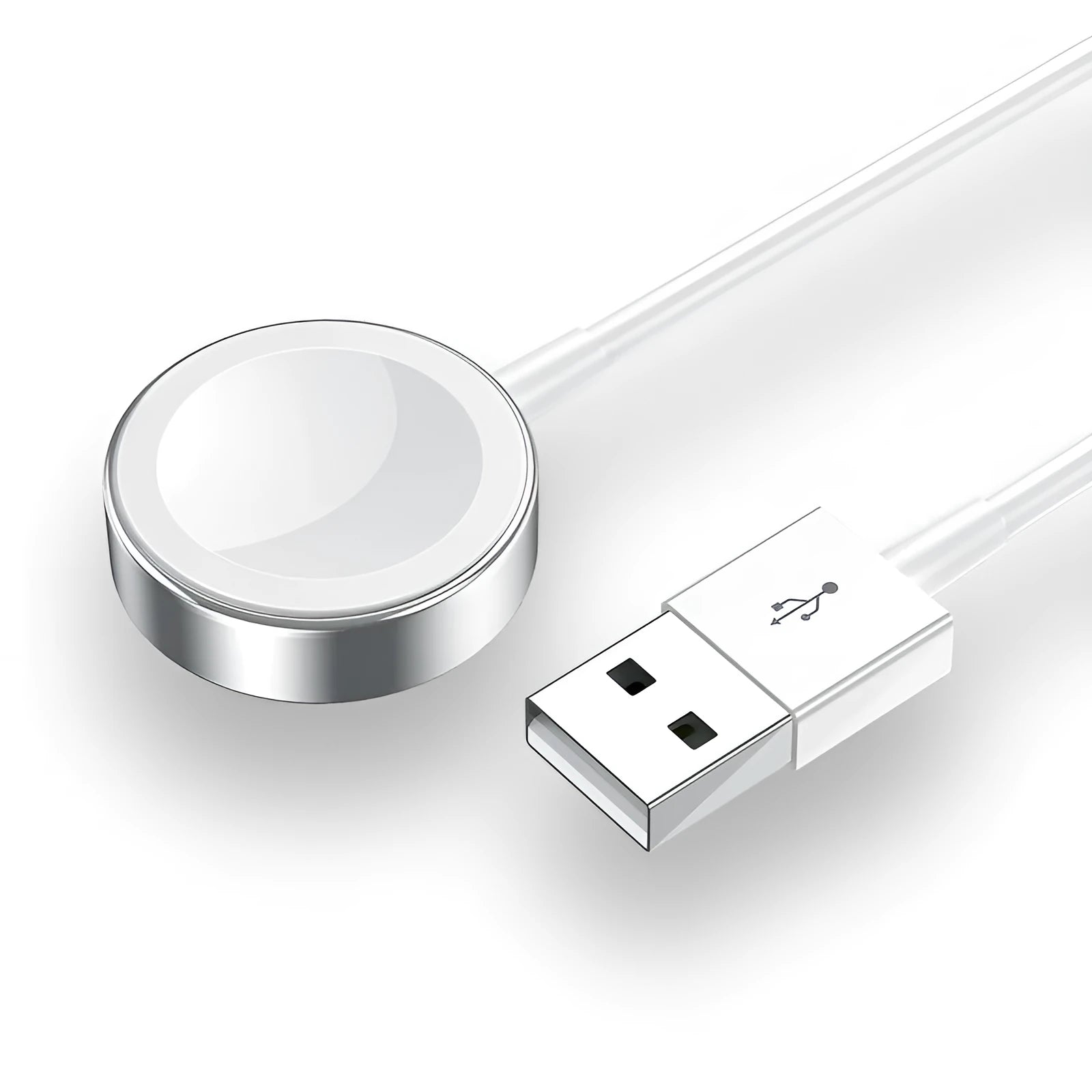 White metal Apple Watch wireless charger with 1m USB cable on a table