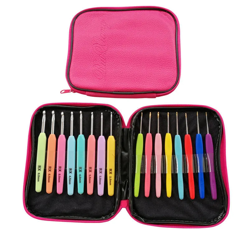 Complete 16-piece crochet hook set showing thick ABS handles and thin polyethylene handles in PU storage bag