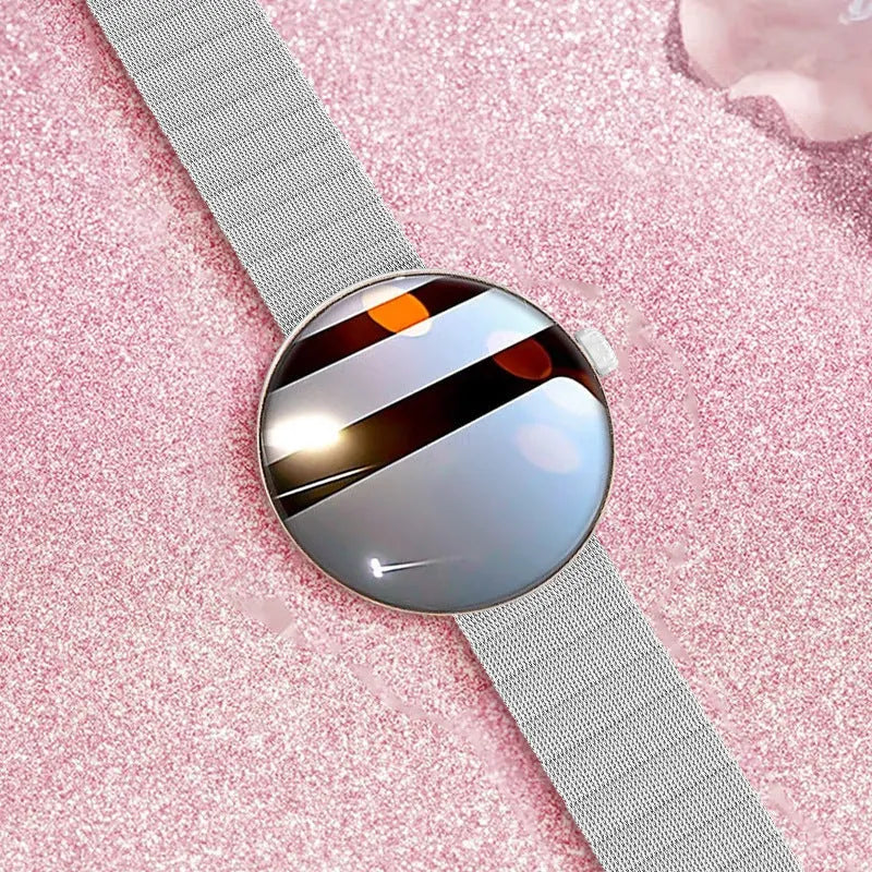 Smart watch with circular colour screen and metal strap showing heart rate monitoring display