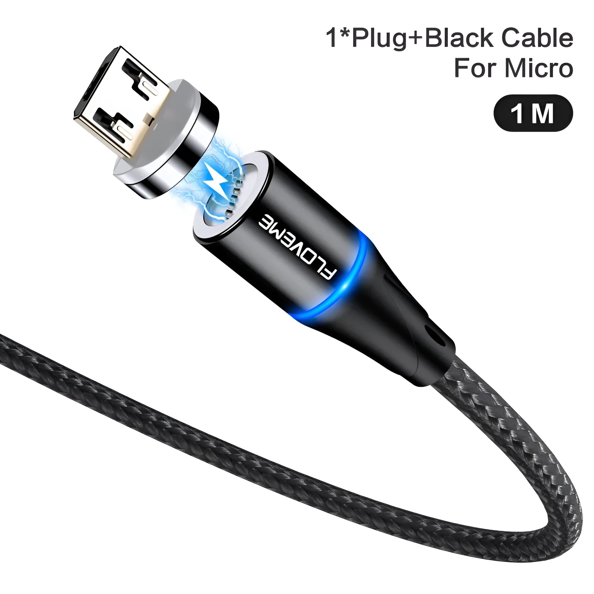 Black magnetic USB charging cable with illuminated side light on connector, next to smartphone.
