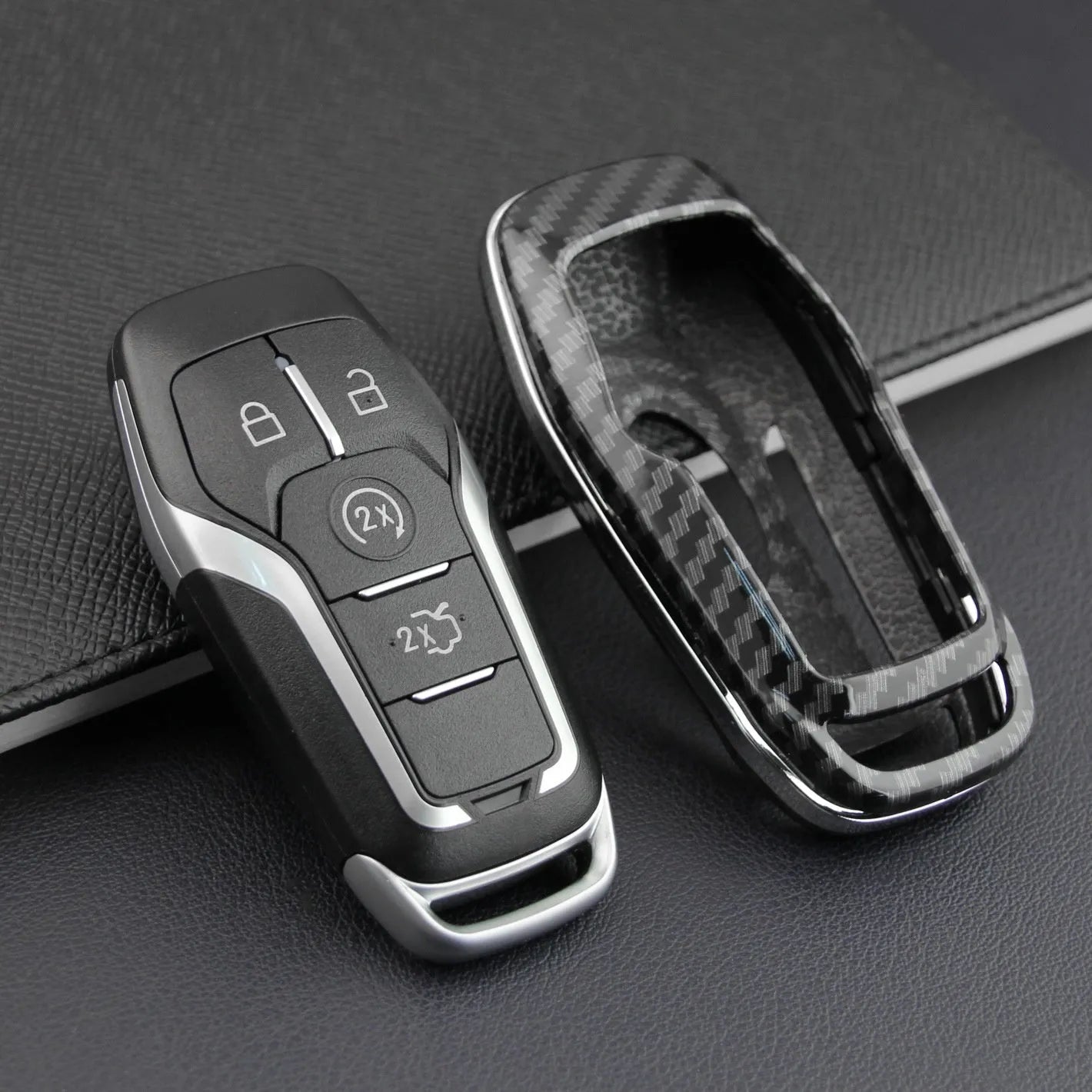 Hard plastic car key remote protective shell shown in single shell and buckle attachment variants