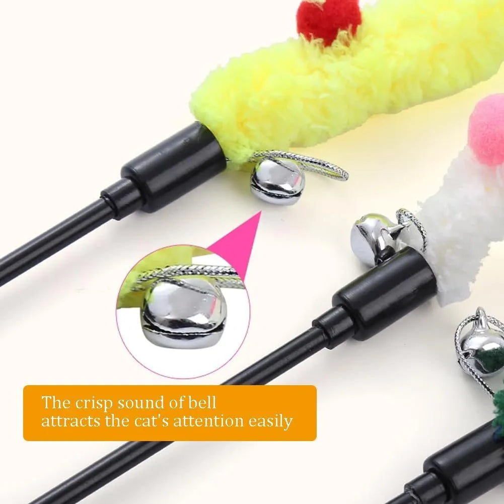 Cat wand toy with plush strip and colourful balls with bells for interactive feline play