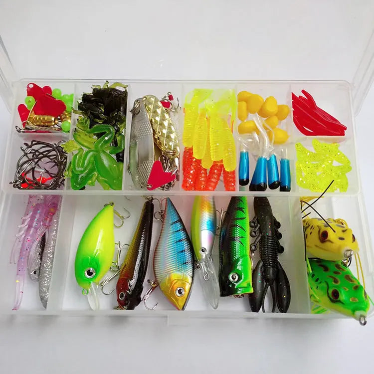 142-piece fishing lure set with metal and plastic baits, sequins, hooks, and fishing pliers in various colours