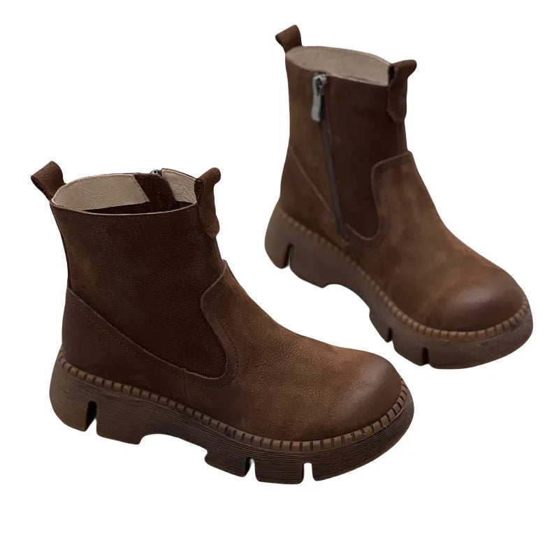 Round toe women's leather boots in black, first layer cowhide upper, side zipper, mid heel, middle calf shaft