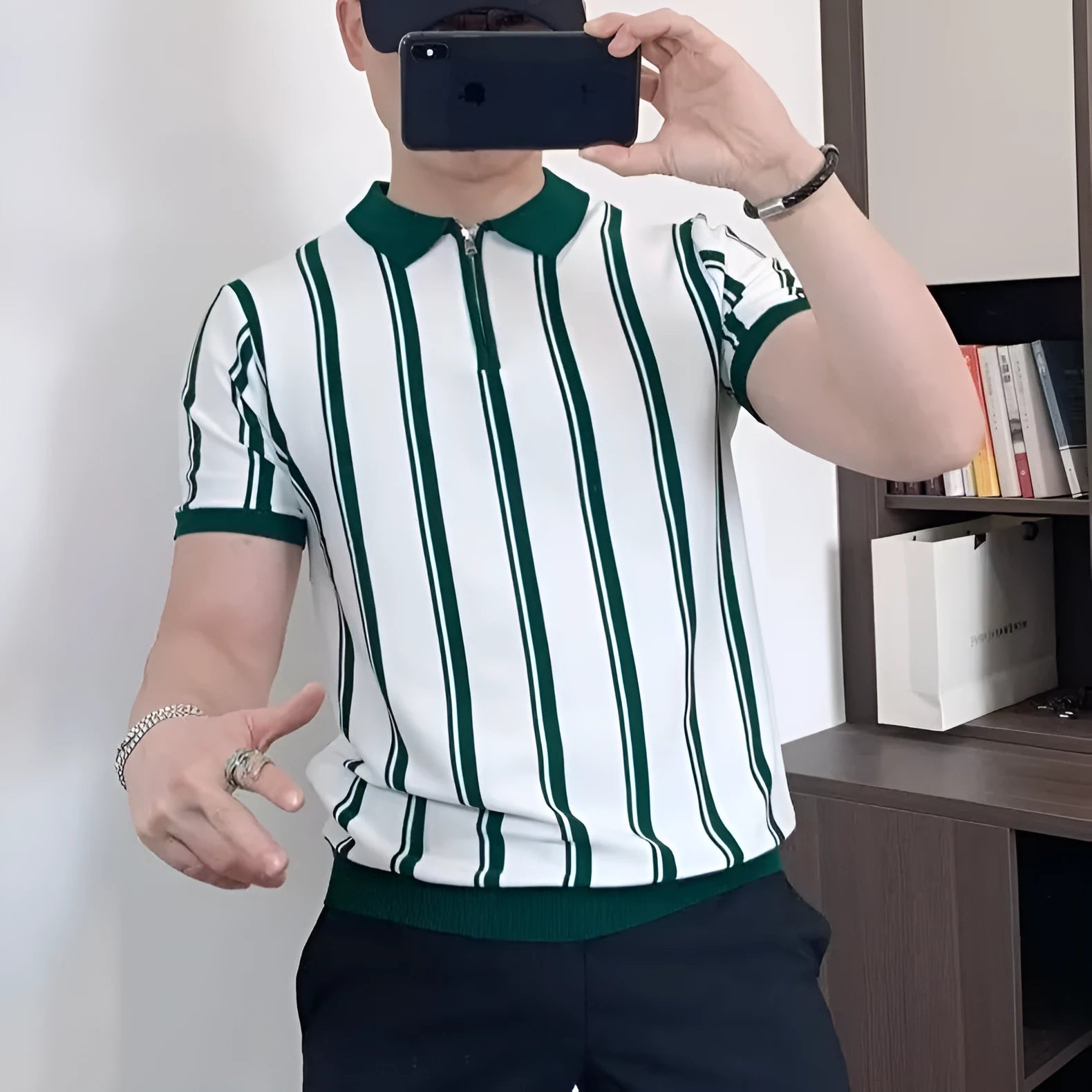 Korean style vintage stripe men's t-shirt with personality zipper detail in black and white colour options