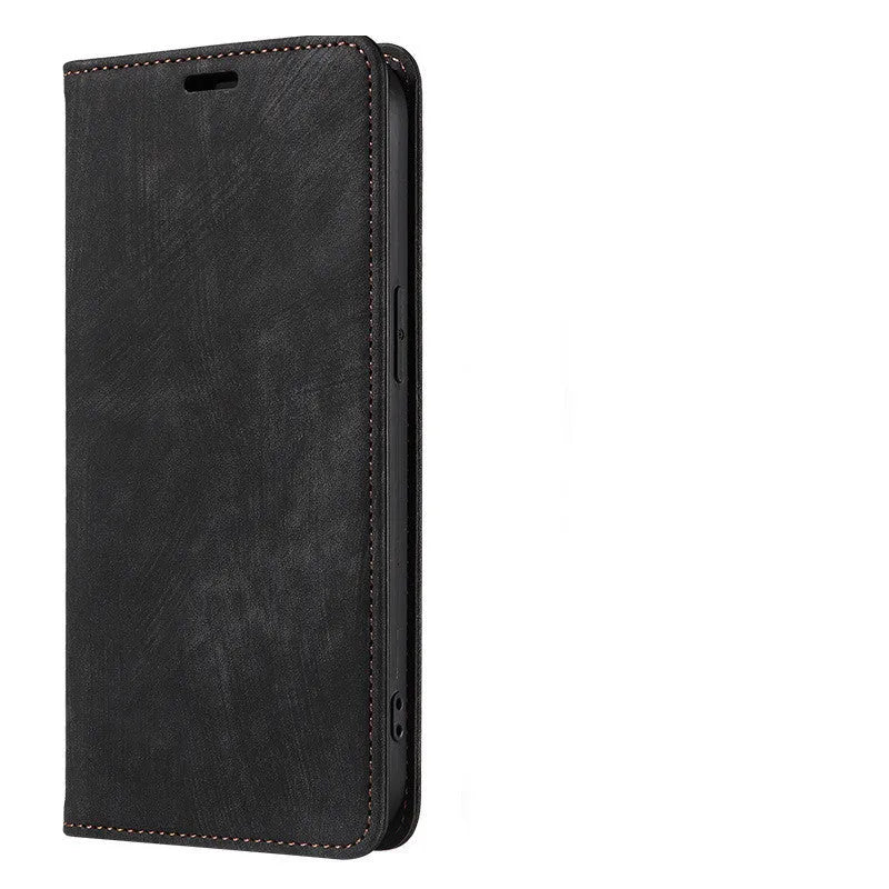 Magnetic flip phone case for iPhone in multiple colours, showing TPU body and leather cover.