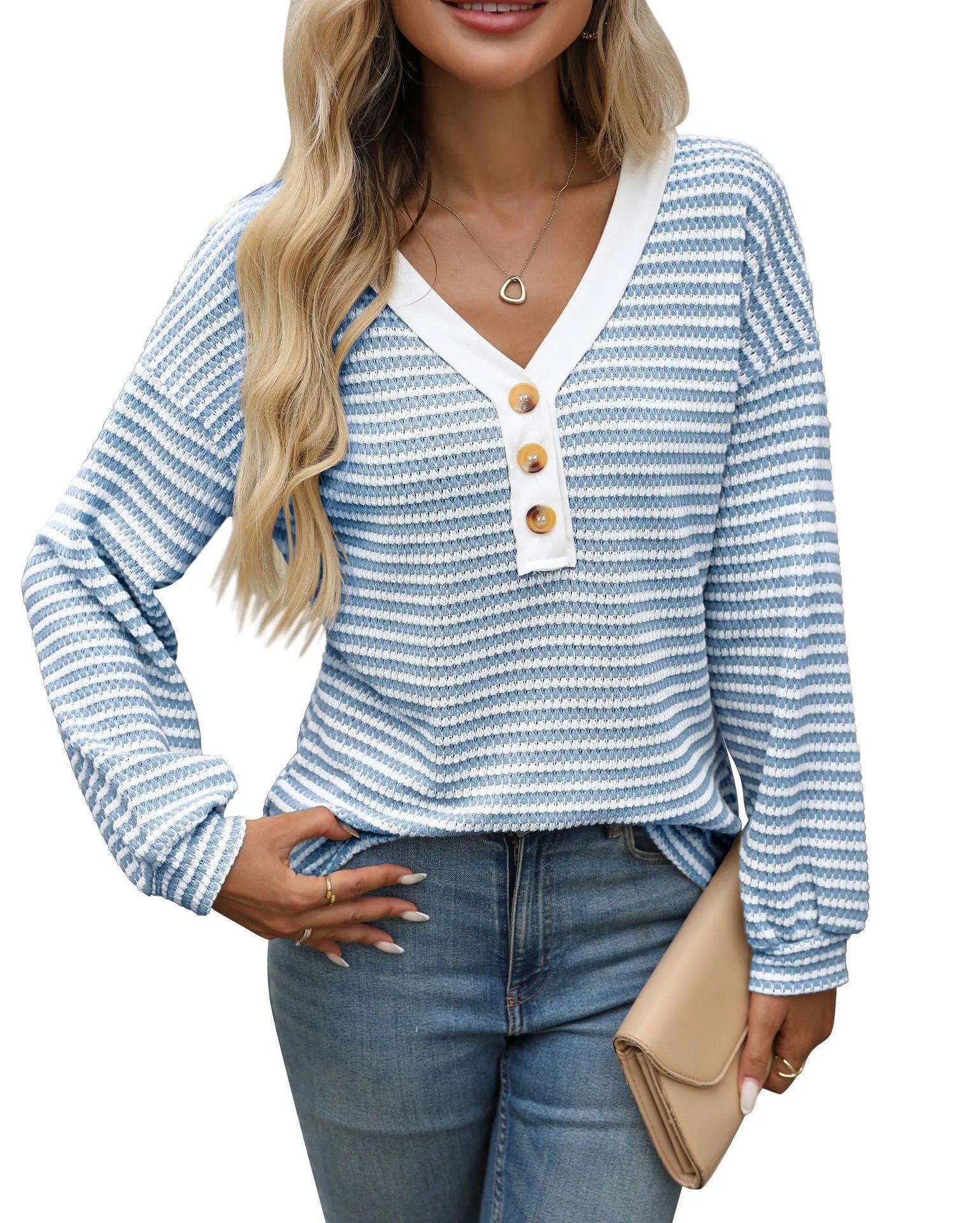 Women's V-neck patchwork pullover top in polyester fabric with loose fit