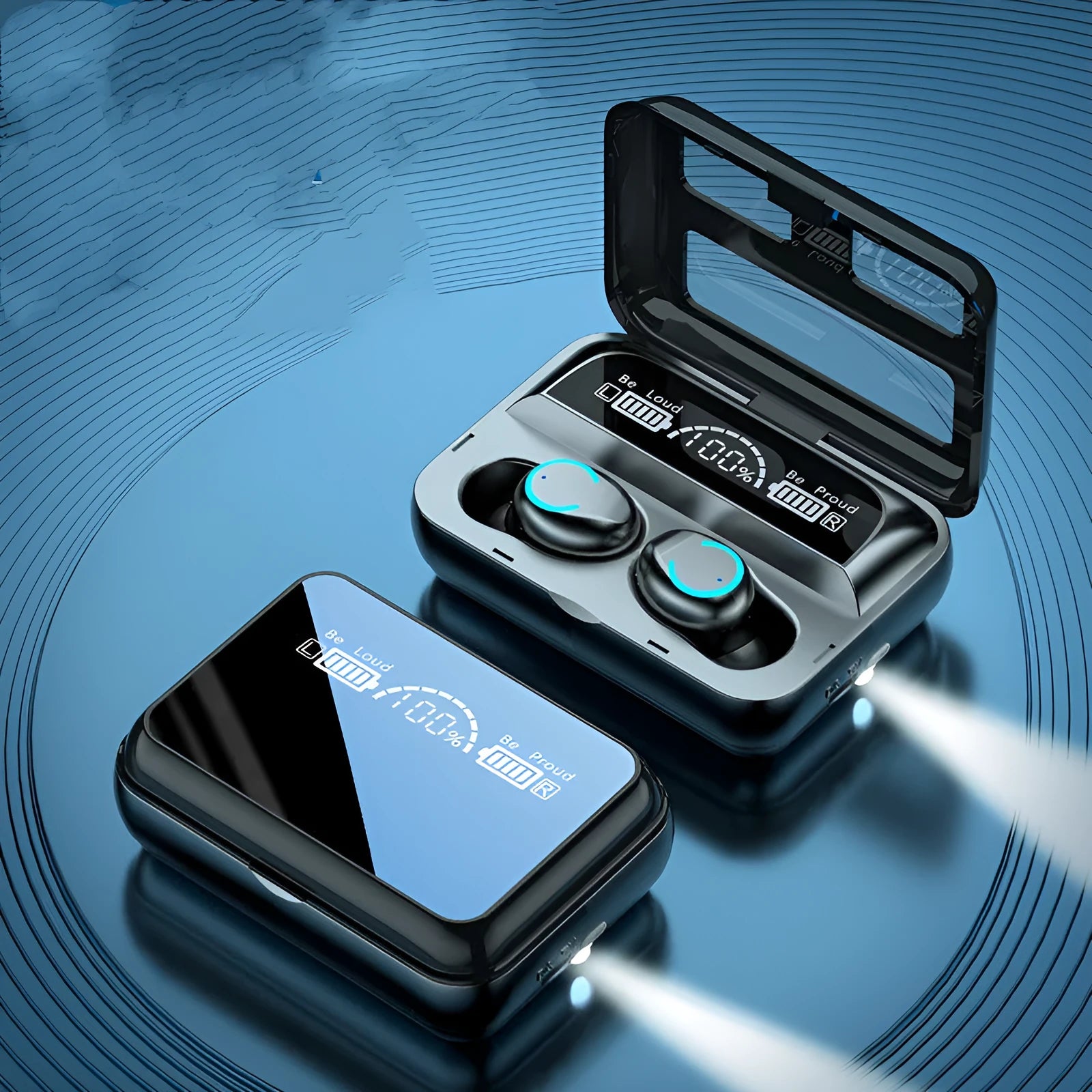 Mini sports in-ear Bluetooth headset with charging bay, black colour, touch controls