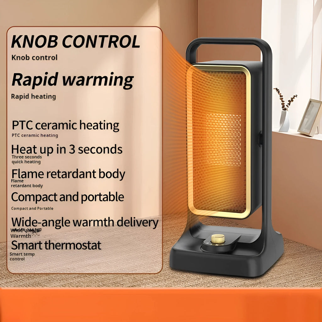 Black PTC ceramic desktop heater showing control knob and compact dimensions