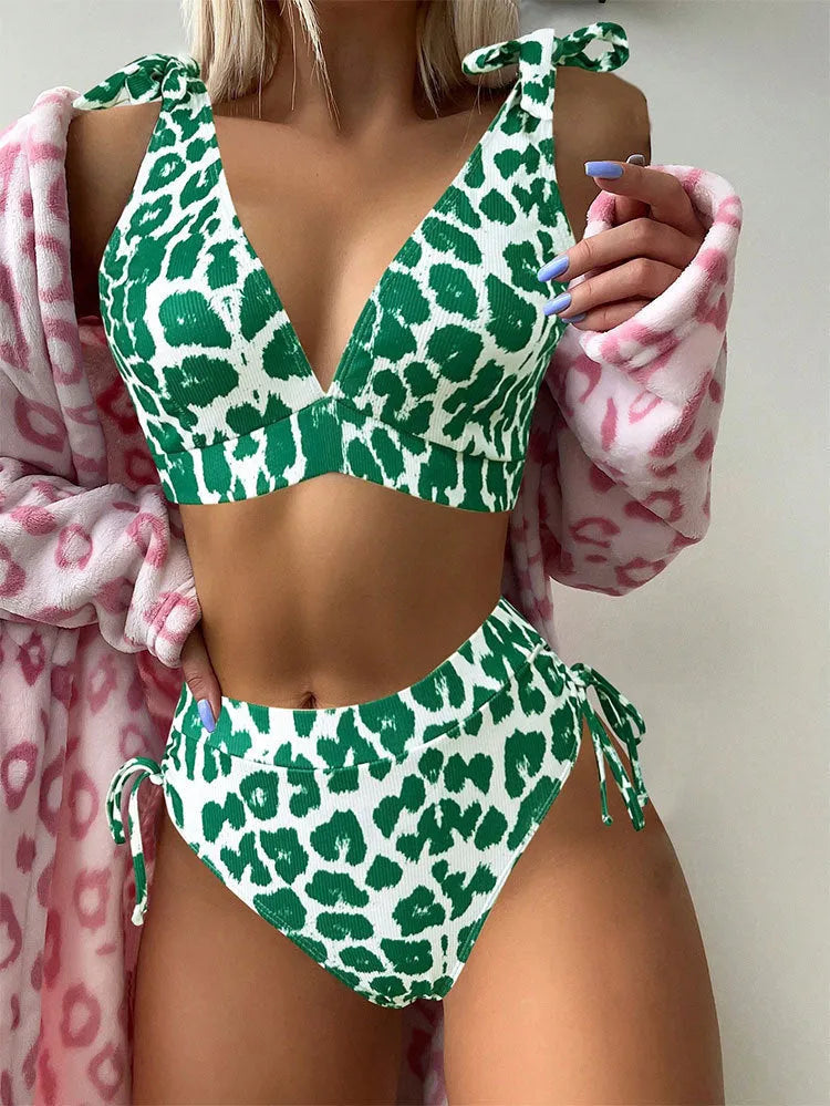 Women's purple leopard print sleeveless suit with lace-up chest top and high-waist shorts