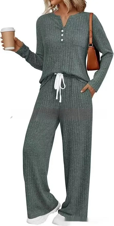 Women's striped knit long coat with V-neck, long sleeves, lace-up details and side pockets
