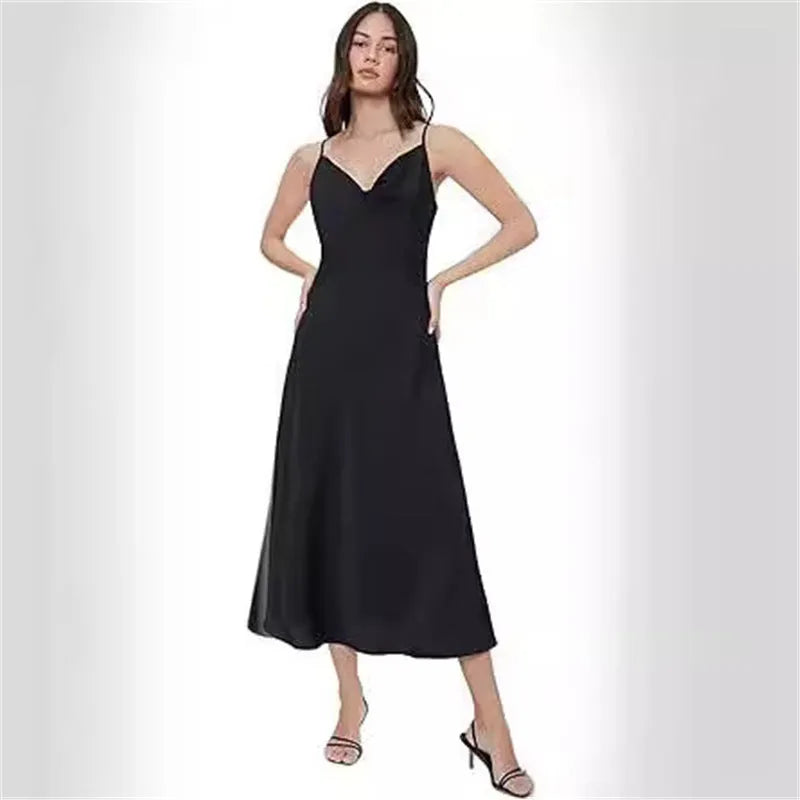 Strap satin without back pajamas dress for women in sleeveless style with wide waist in red black pink dark green navy blue