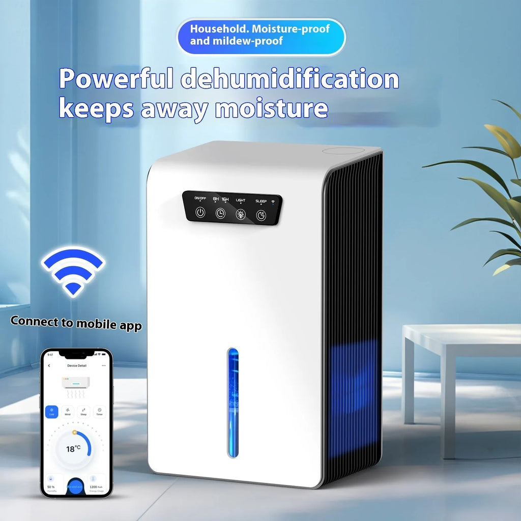 Milky white compact dehumidifier for bedroom use with quiet operation and 4 litre reservoir capacity