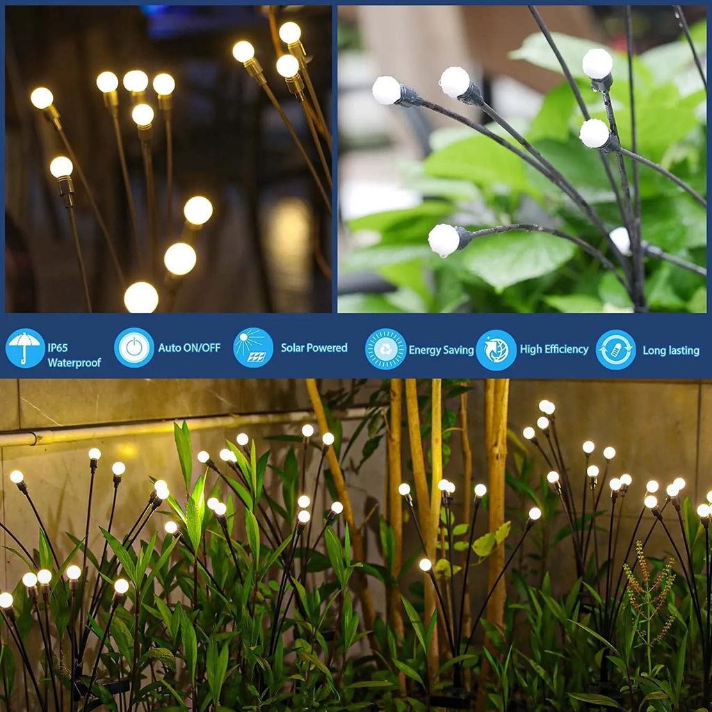 Solar-powered LED garden ground light with multiple light heads and a stainless steel spike for installation.