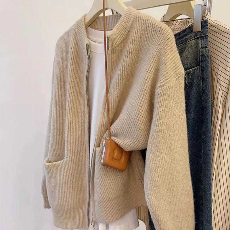 Soft viscose knit sweater coat cardigan in beige colour with long sleeves