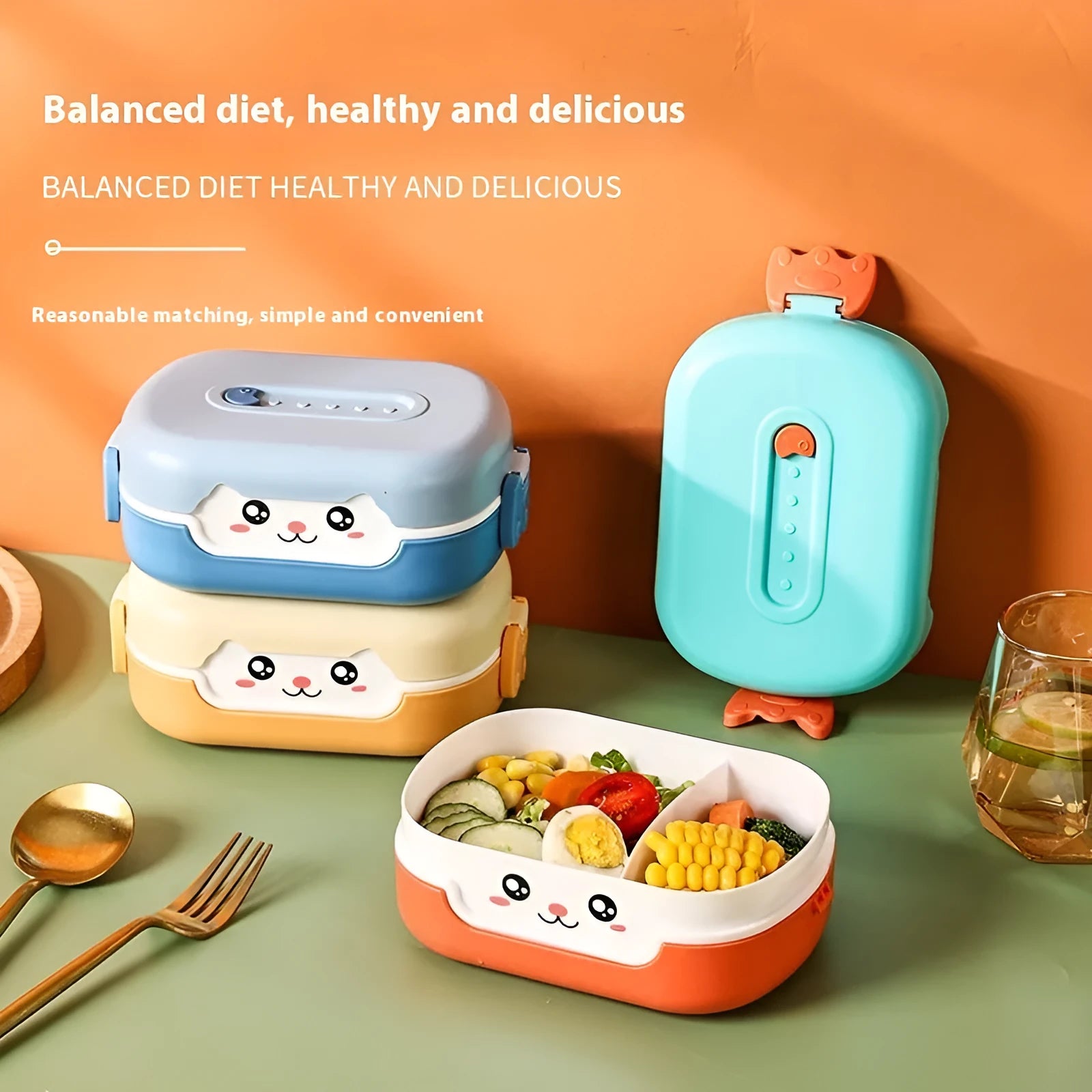 Square divided plastic lunch box in solid colours with microwave-safe construction