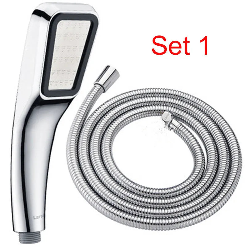 Orange hand-held pressurised shower set with rain shower head function