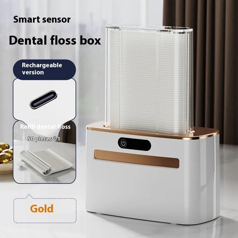 Rechargeable intelligent induction dental floss box in dark gray, light gray, or gold with automatic pop-up mechanism
