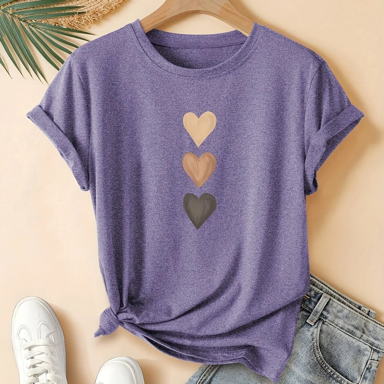 Women's three-heart printed pure cotton short sleeve T-shirt in art retro Chinese style