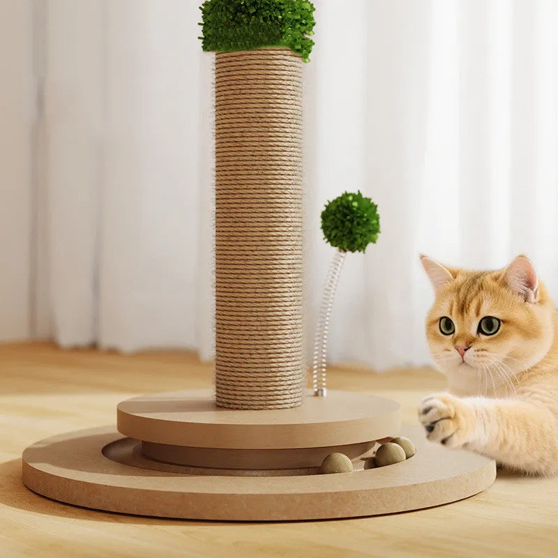 Vertical canna-coloured cat climbing frame with hemp rope posts and wooden platforms mounted on a wall.