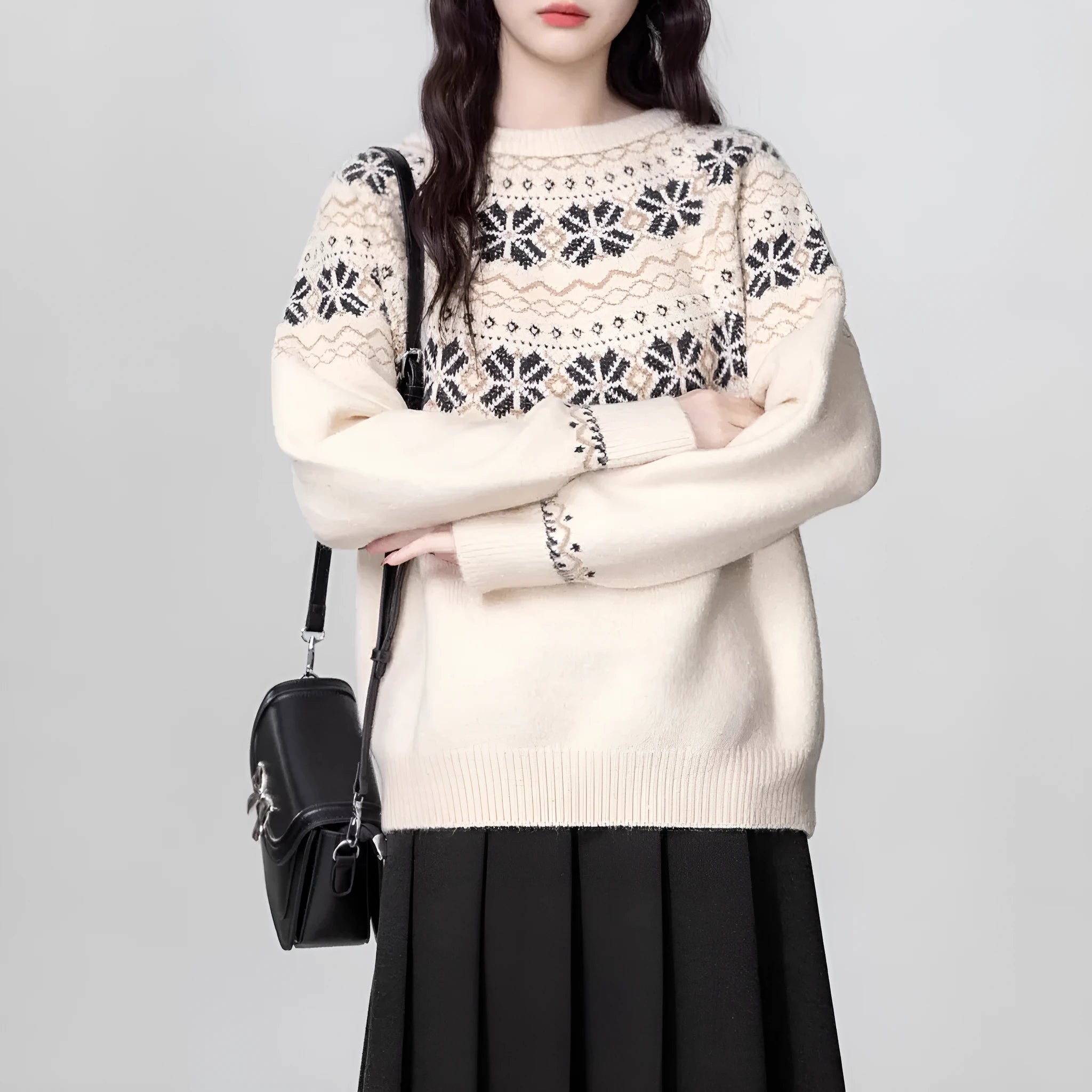Women's milky white vintage fair isle knit sweater with geometric pattern, loose fit and crew neck