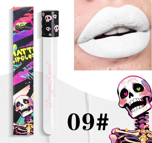 Halloween skull test tube containing gold and silver matte lip gloss for waterproof costume makeup.