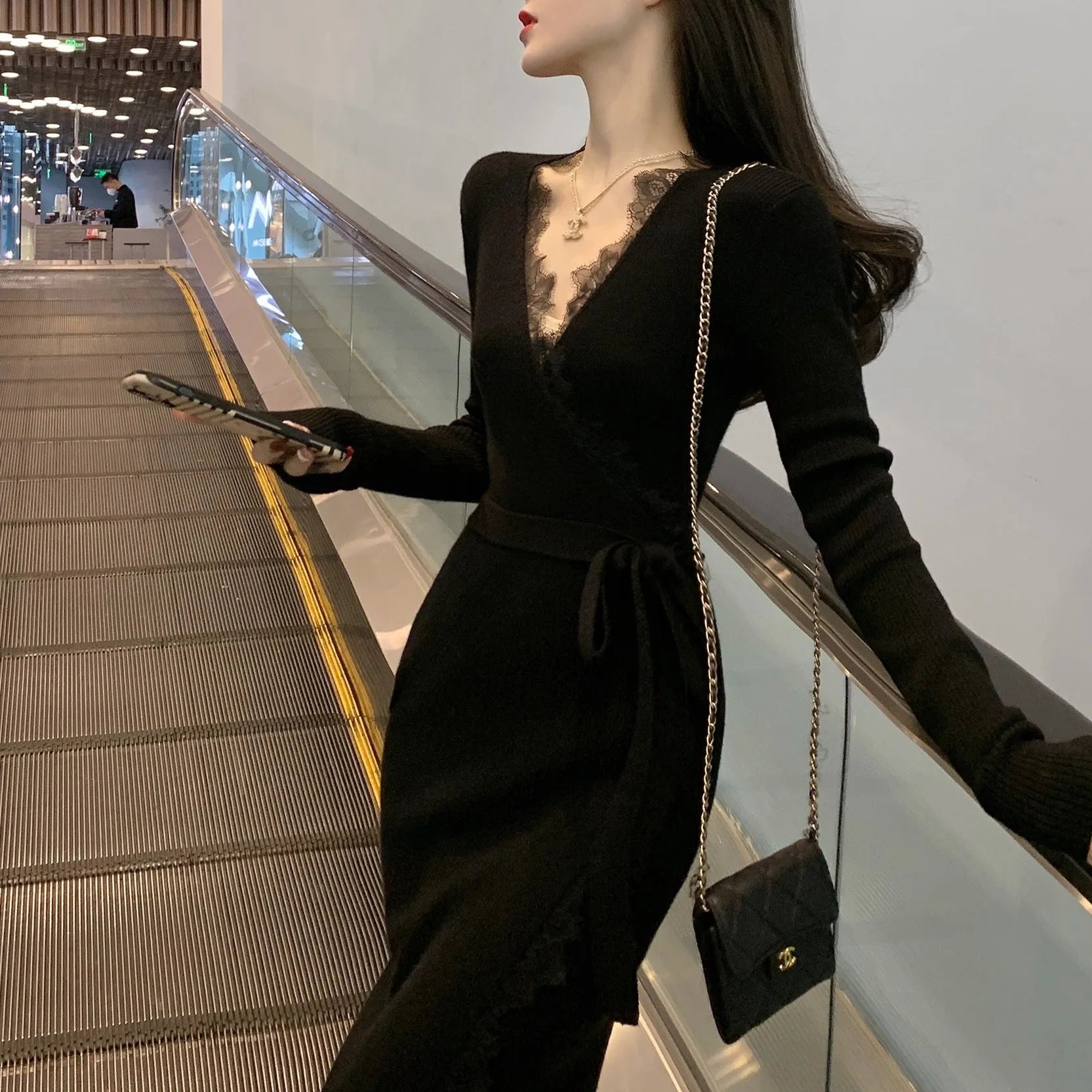 Black women's slim fit wool skirt with princess dress style elegant lines