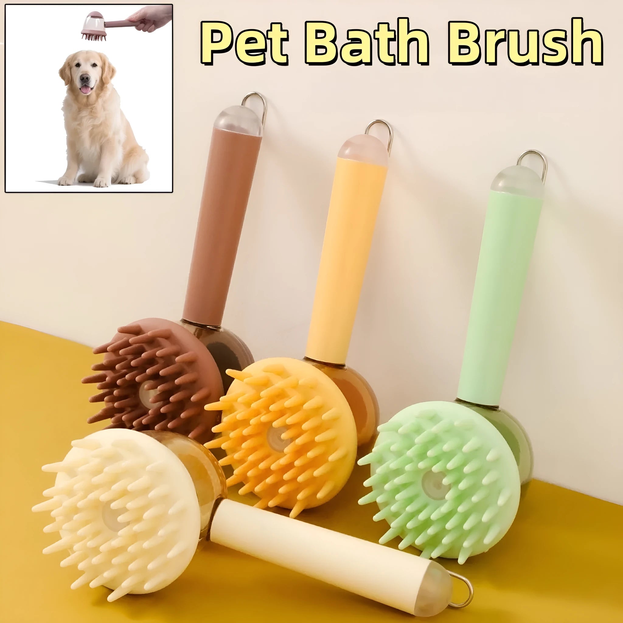 Three 3-in-1 pet bath brushes in beige, blue, and green with shampoo dispensing handles and silicone bristles on white background