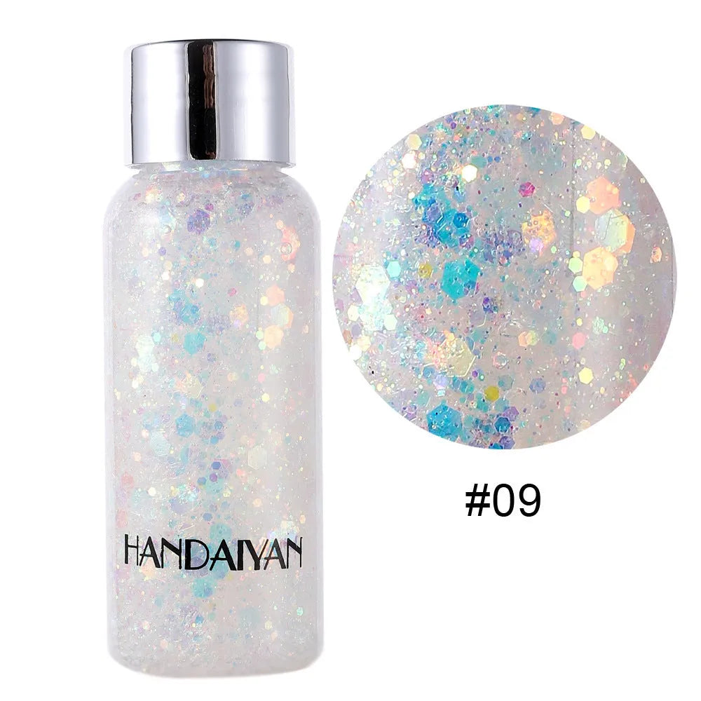 Chunky glitter body gel with laser sequins in a small pot, suitable for face hair nails and body decoration