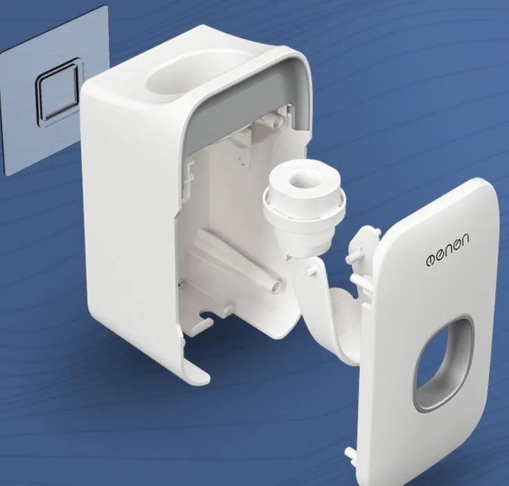 Blue automatic toothpaste dispenser made of ABS plastic on a bathroom shelf.