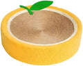 Round yellow fruit-shaped cat scratching board with sisal surface and concave sleep centre