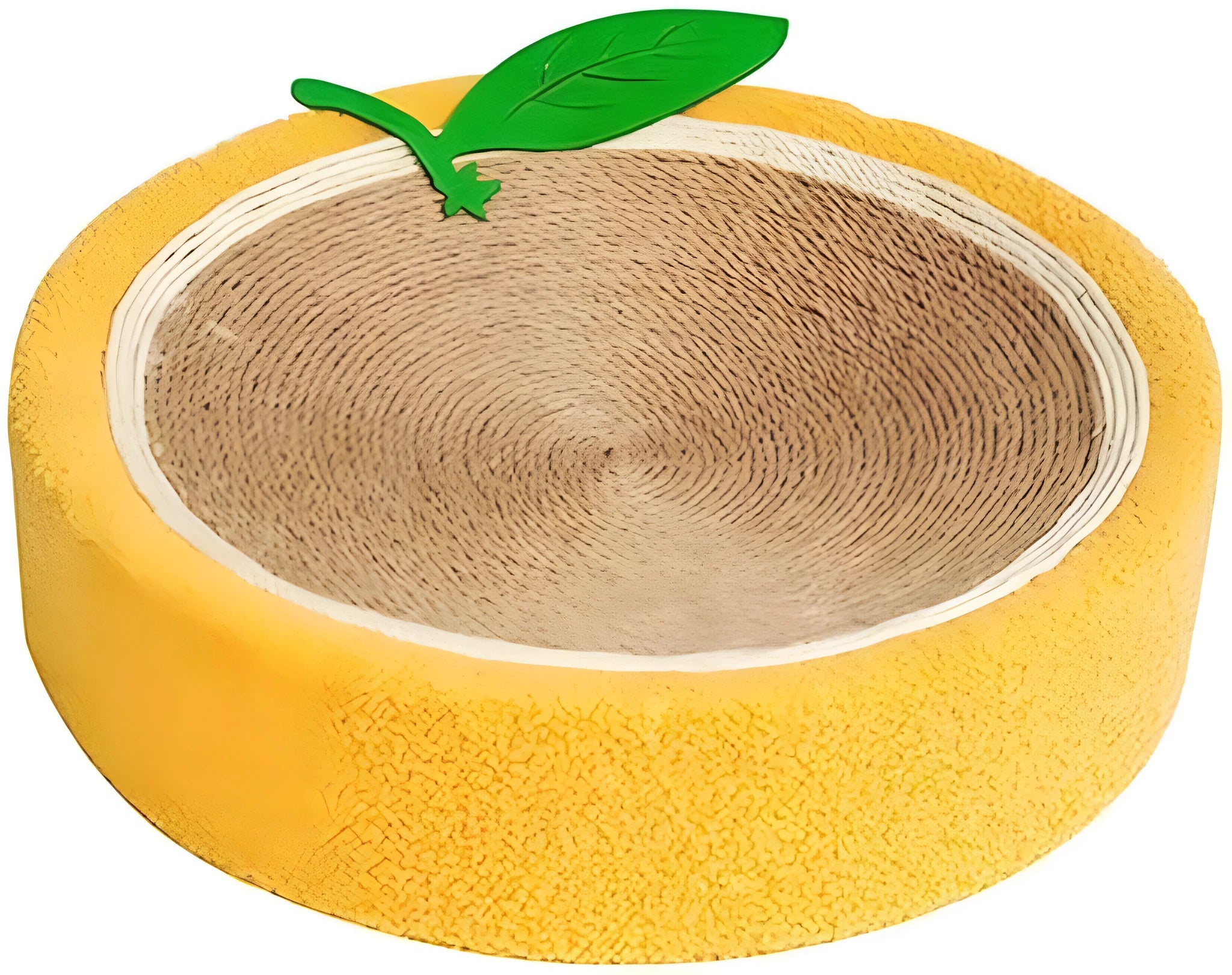 Round yellow fruit-shaped cat scratching board with sisal surface and concave sleep centre