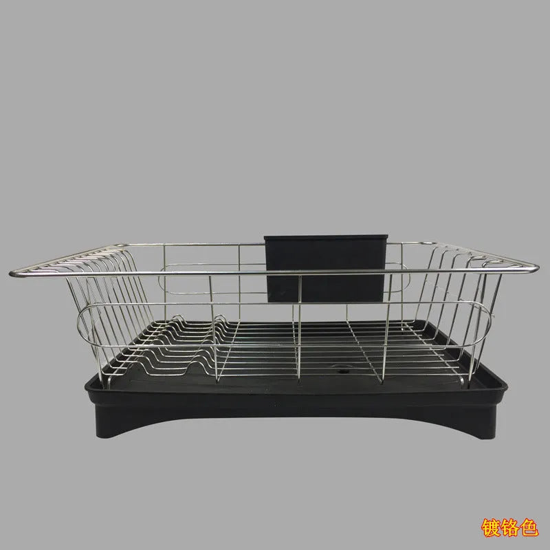 Stainless steel dish drying rack with cutlery holder and drain board on kitchen counter, black and white option, 42x28x15.5cm