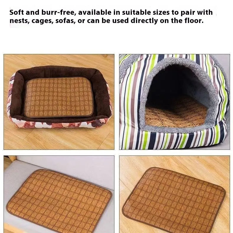 Brown woven rattan cooling sleeping mat for dogs on a floor, shown in a large size.