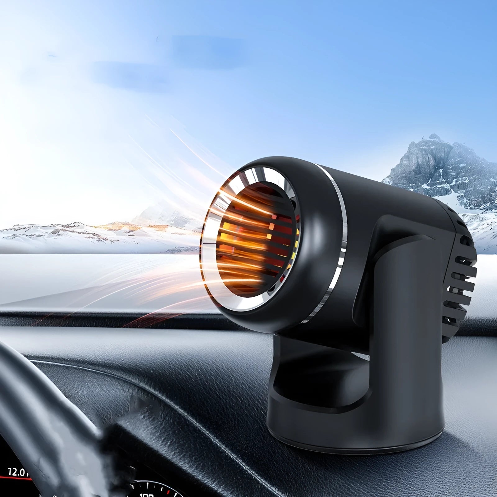 Black and white 12V car heater measuring 14x12x8cm with 1.5m power cord for defrosting and hair drying