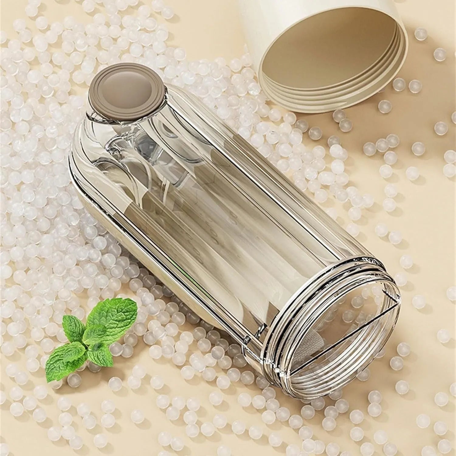 Foldable dog water bottle with food container in beige or green colour, showing drinking tray and dispenser mechanism